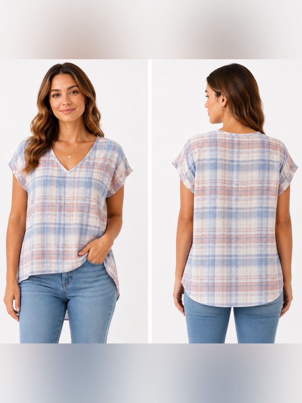 Cloth & Stone Plaid V-Neck Short Sleeve Top Large